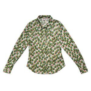 70s vintage geometric print shirt abstract cube checker pattern Japan fabric.